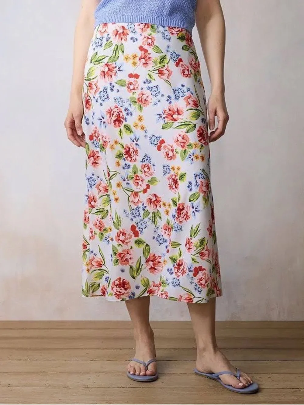 LC Lauren Conrad Floral Midi Skirt - White with Pink & Green